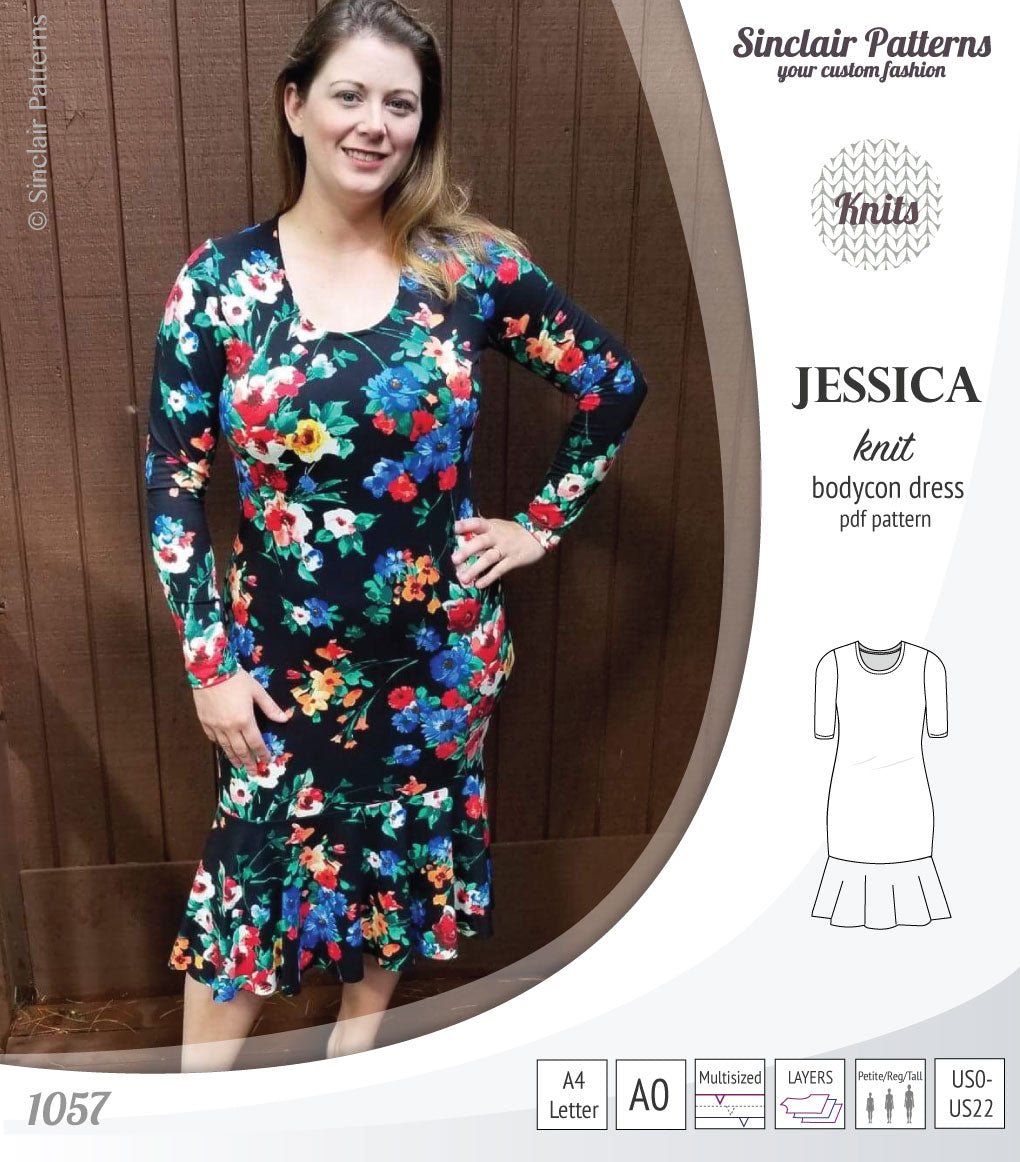 Pdf sewing pattern Jessica Bodycon dress for knit fabrics with peplum