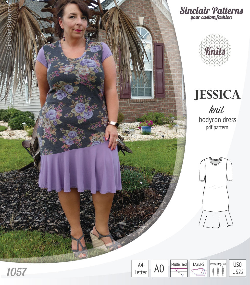 Pdf sewing pattern Jessica Bodycon dress for knit fabrics with peplum