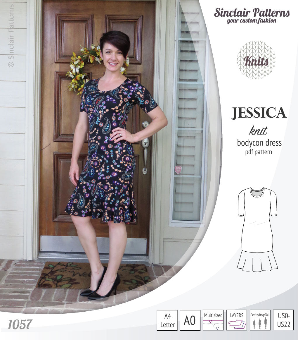 Pdf sewing pattern Jessica Bodycon dress for knit fabrics with peplum