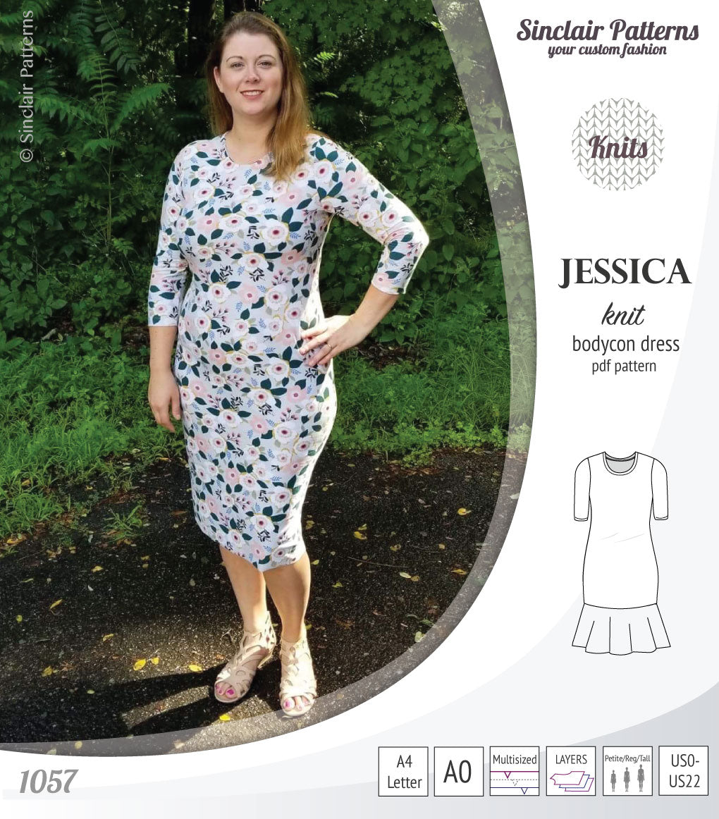 Pdf sewing pattern Jessica Bodycon dress for knit fabrics with peplum