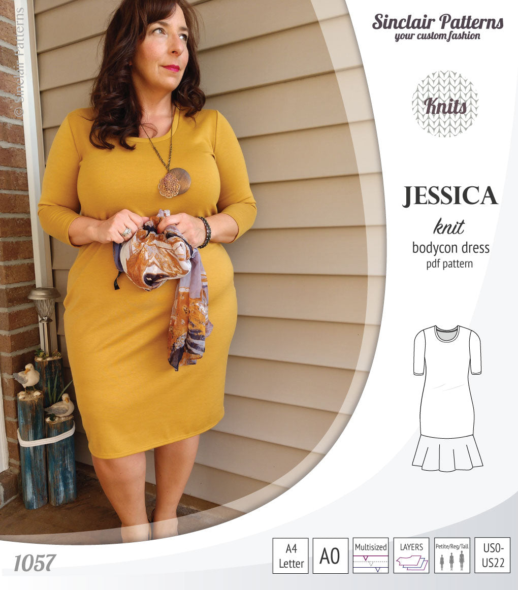 Pdf sewing pattern Jessica Bodycon dress for knit fabrics with peplum