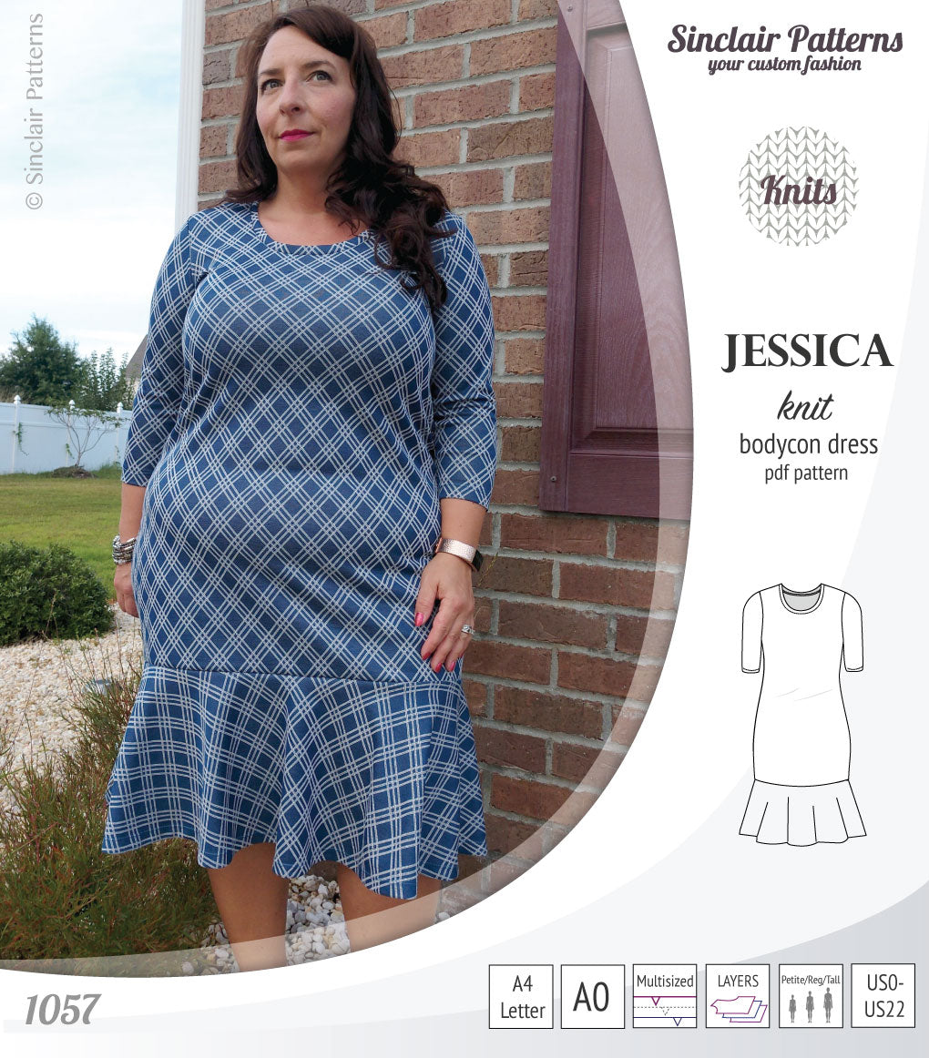 Pdf sewing pattern Jessica Bodycon dress for knit fabrics with peplum