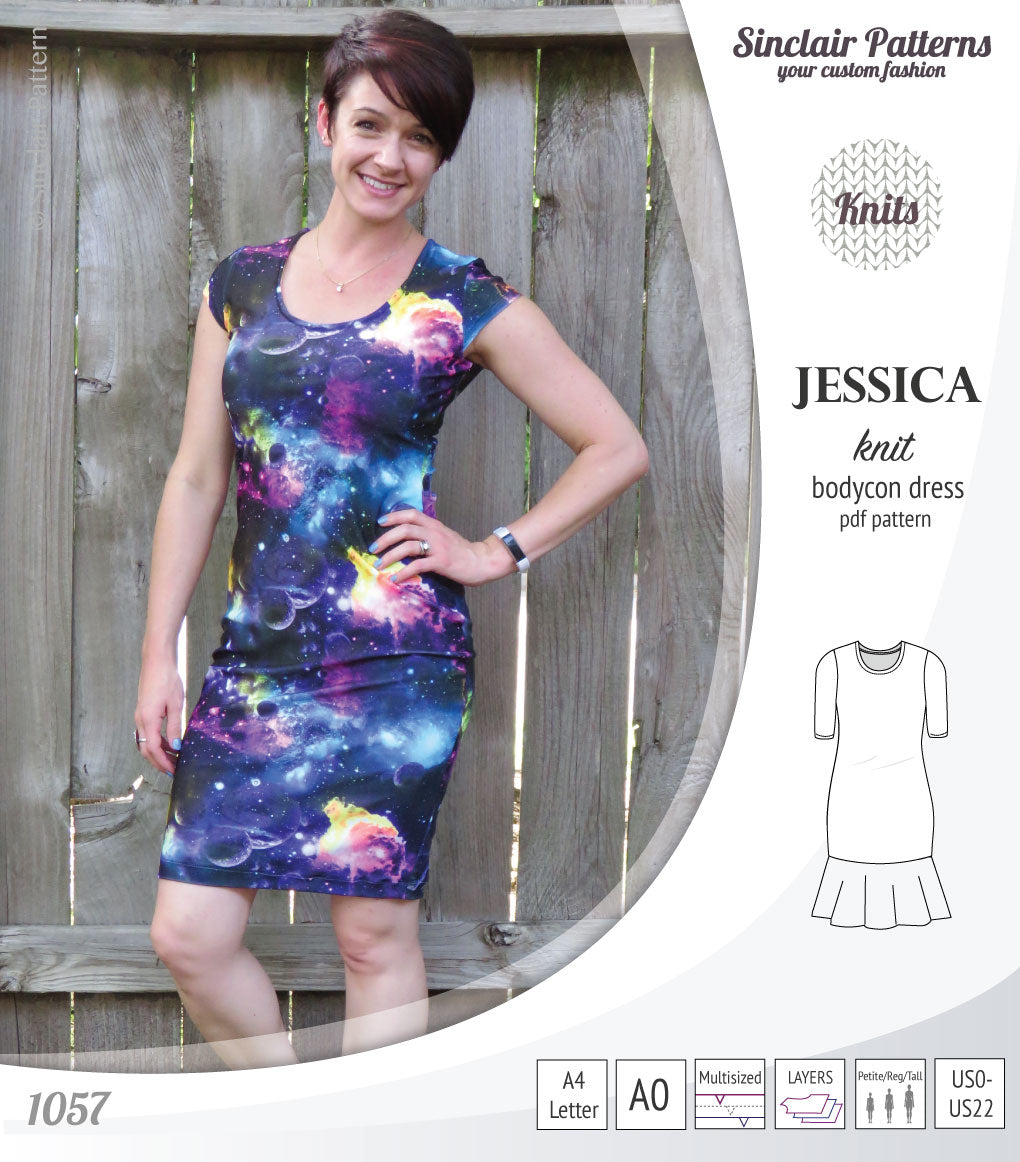 Pdf sewing pattern Jessica Bodycon dress for knit fabrics with peplum