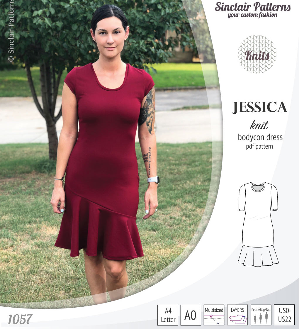 Pdf sewing pattern Jessica Bodycon dress for knit fabrics with peplum