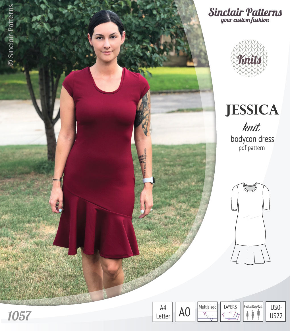 Pdf sewing pattern Jessica Bodycon dress for knit fabrics with peplum