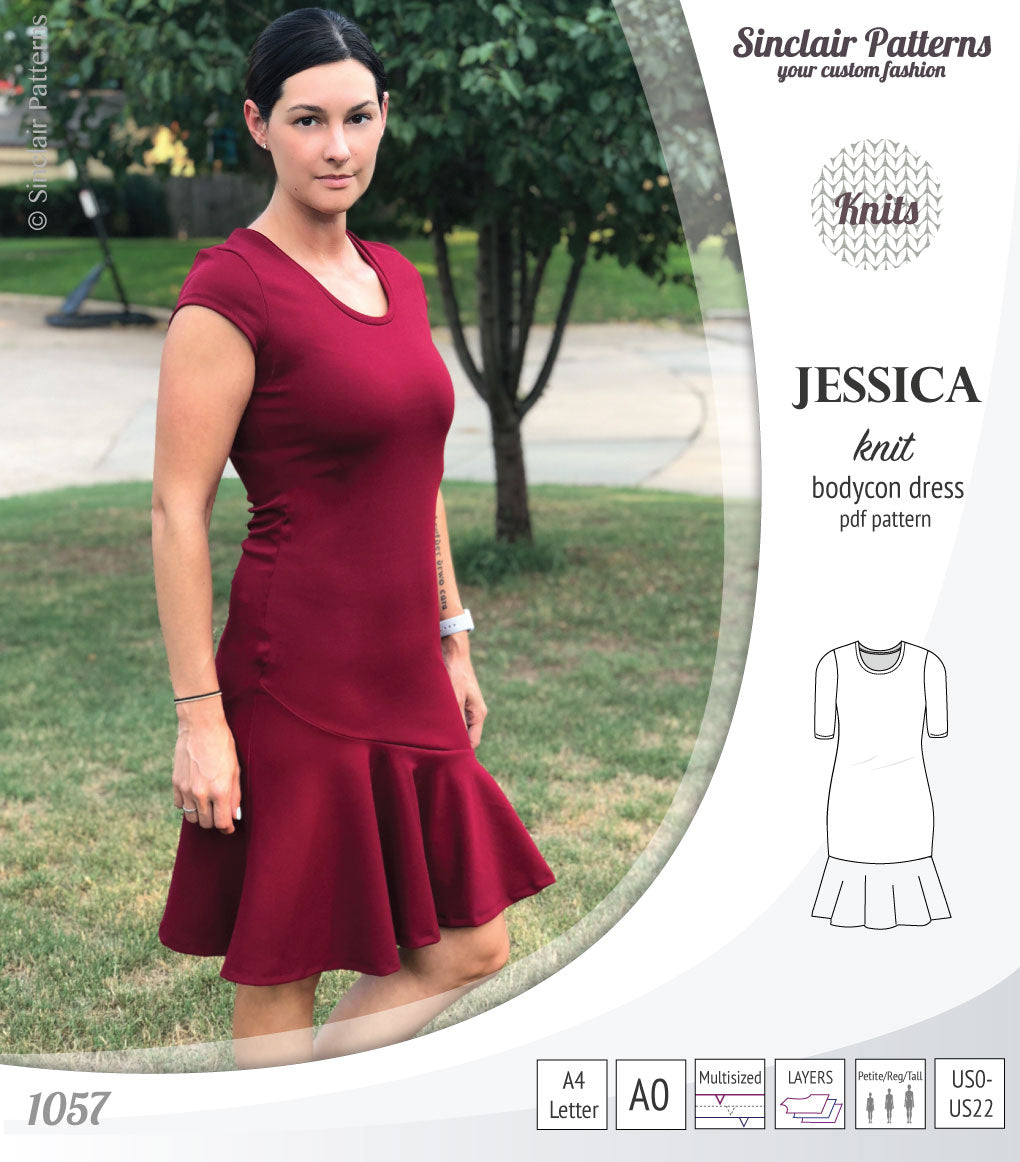 Pdf sewing pattern Jessica Bodycon dress for knit fabrics with peplum