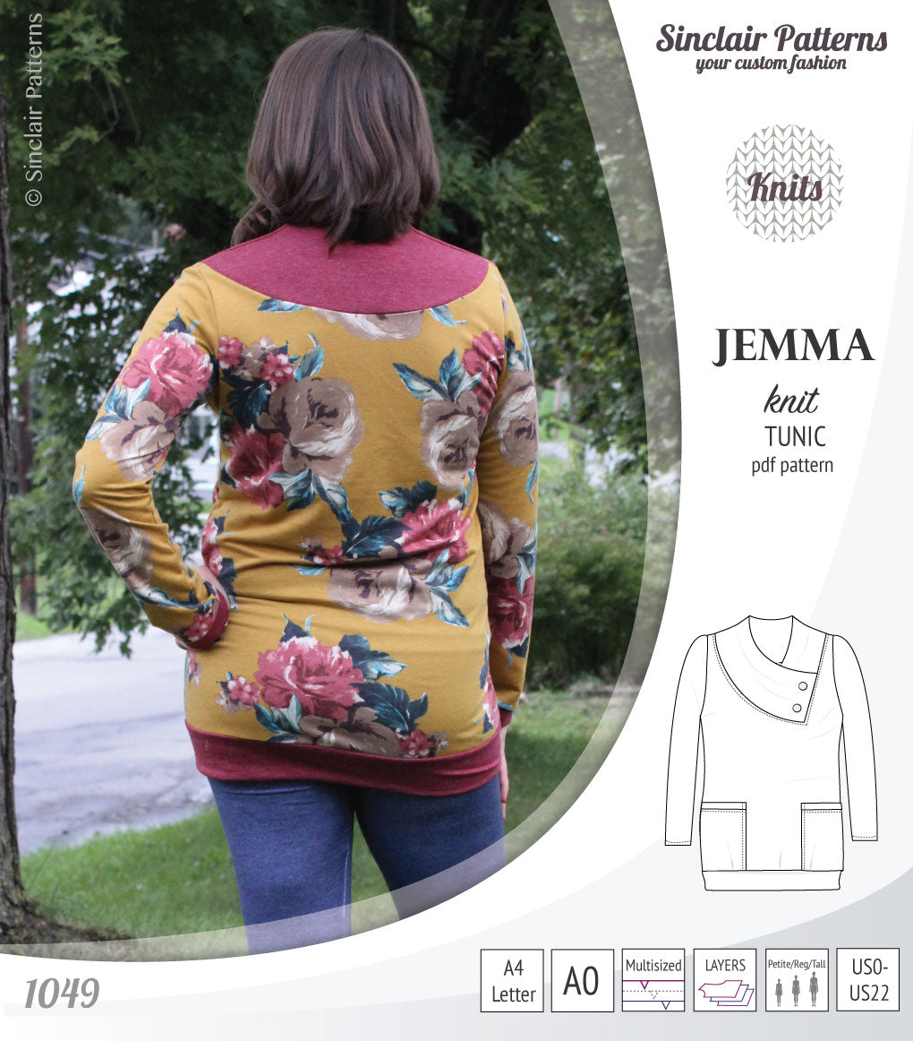 Pdf sewing pattern S1049 Jemma knit tunic with asymmetrical collar and pockets