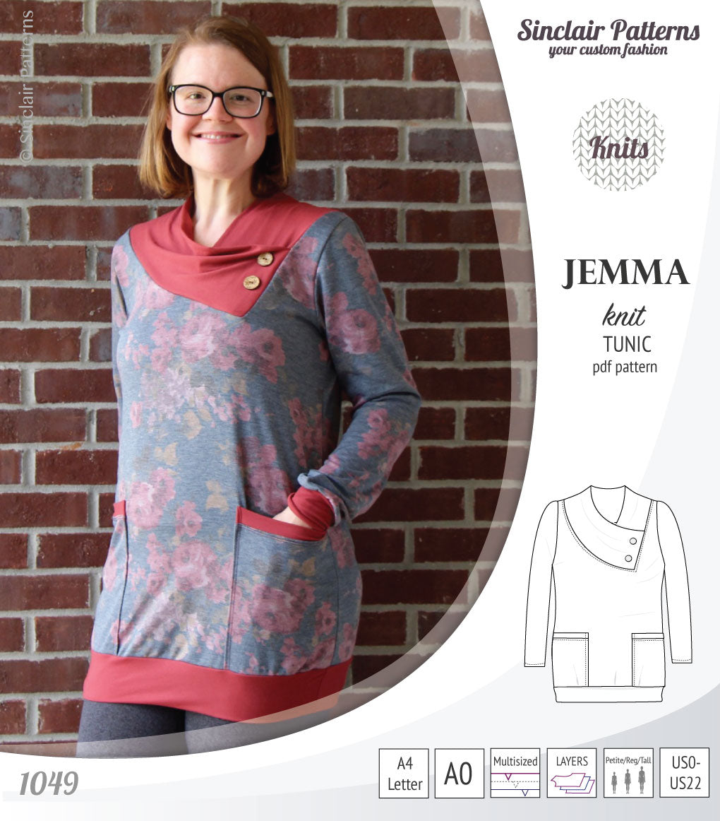 Pdf sewing pattern S1049 Jemma knit tunic with asymmetrical collar and pockets