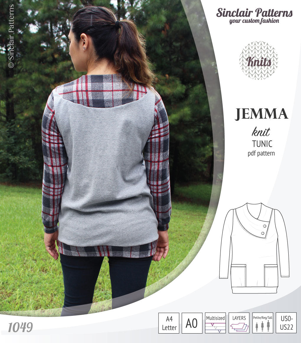 Pdf sewing pattern S1049 Jemma knit tunic with asymmetrical collar and pockets