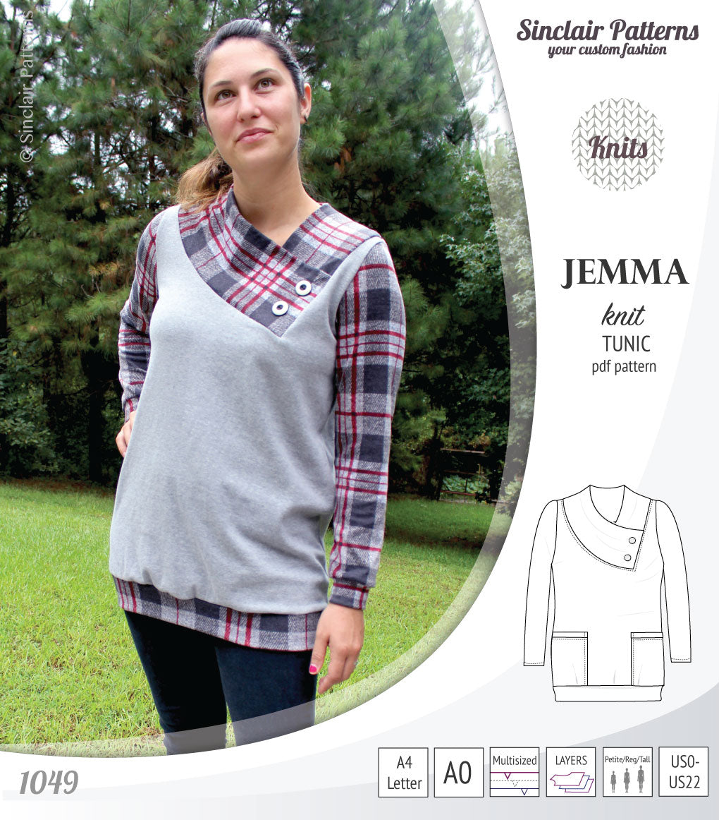 Pdf sewing pattern S1049 Jemma knit tunic with asymmetrical collar and pockets