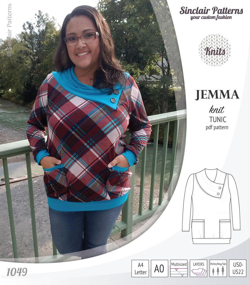 Pdf sewing pattern S1049 Jemma knit tunic with asymmetrical collar and pockets