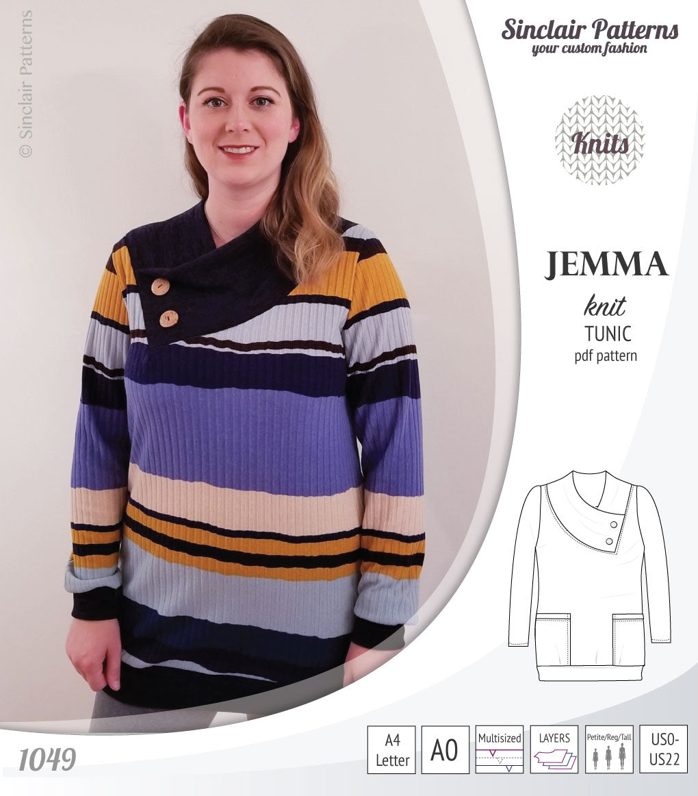 Pdf sewing pattern S1049 Jemma knit tunic with asymmetrical collar and pockets