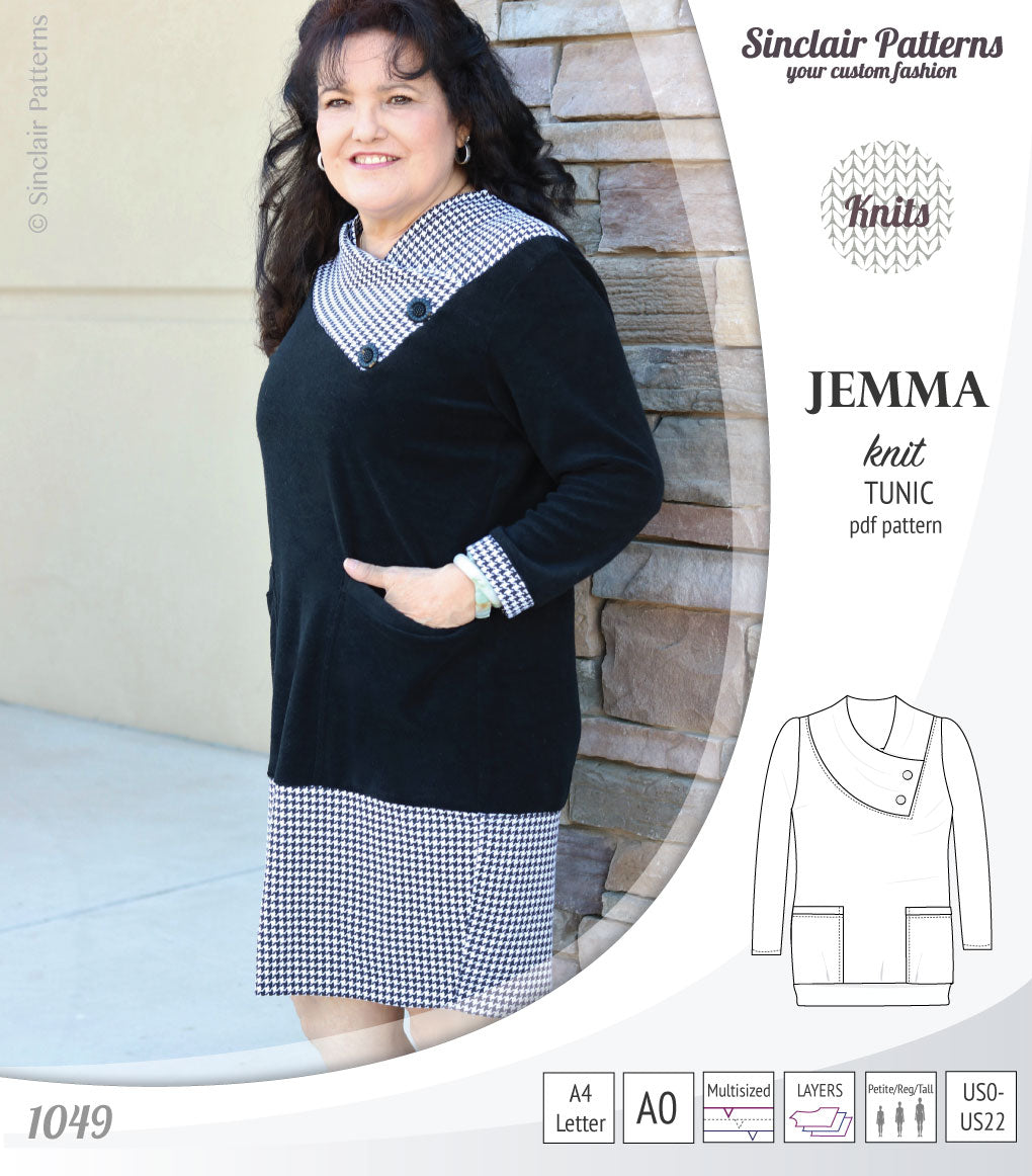 Pdf sewing pattern S1049 Jemma knit tunic with asymmetrical collar and pockets