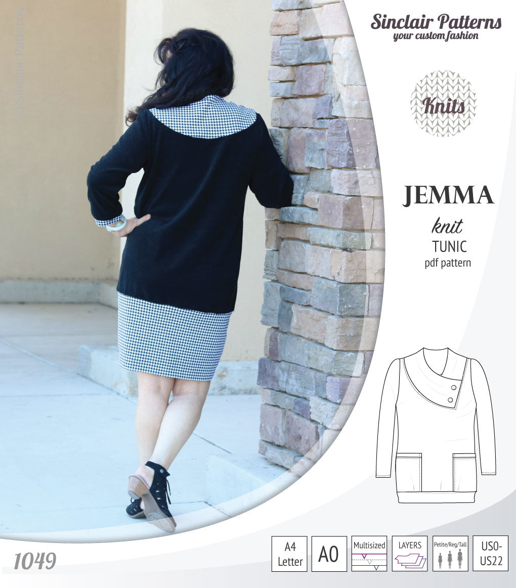 Pdf sewing pattern S1049 Jemma knit tunic with asymmetrical collar and pockets