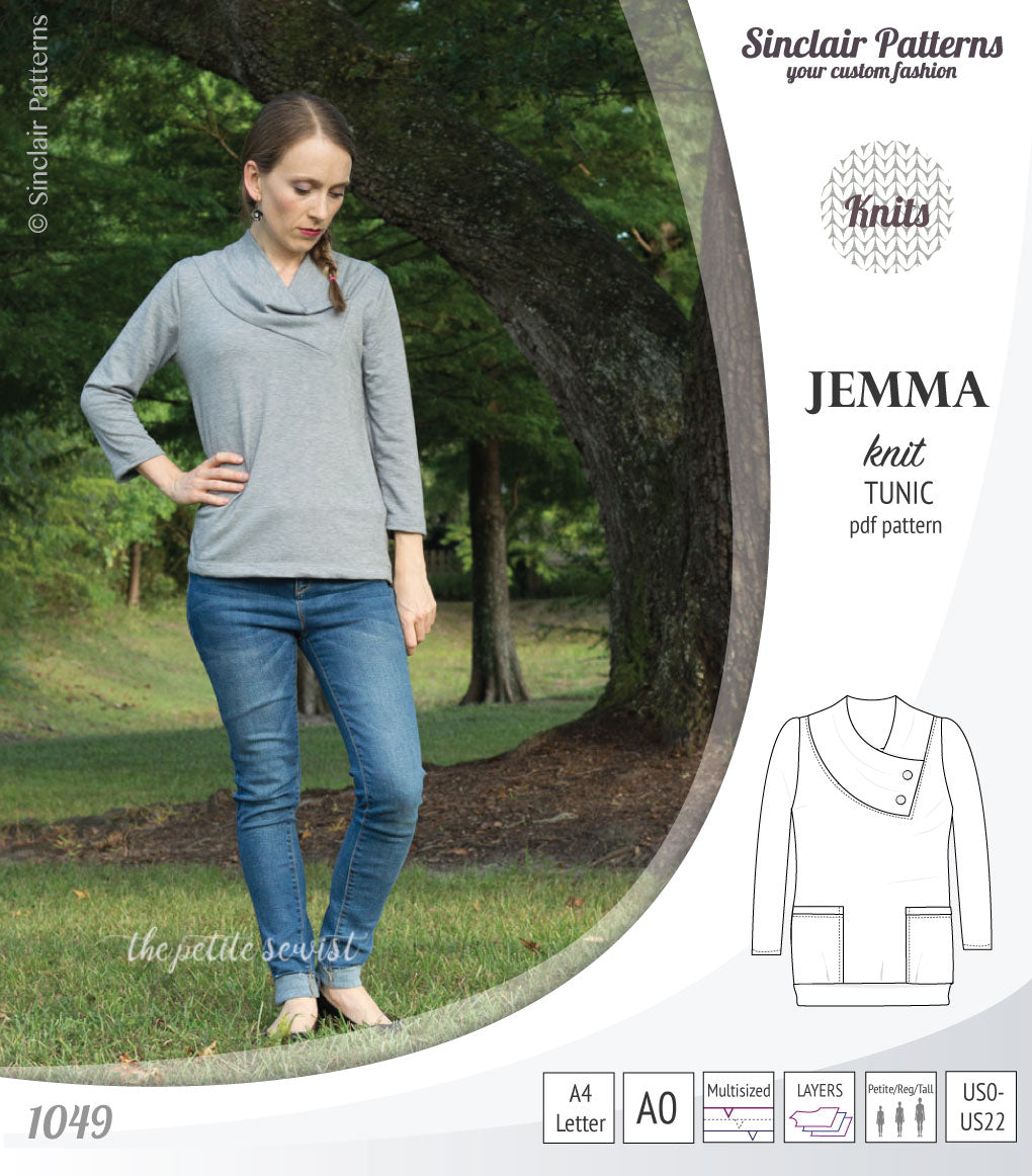 Pdf sewing pattern S1049 Jemma knit tunic with asymmetrical collar and pockets