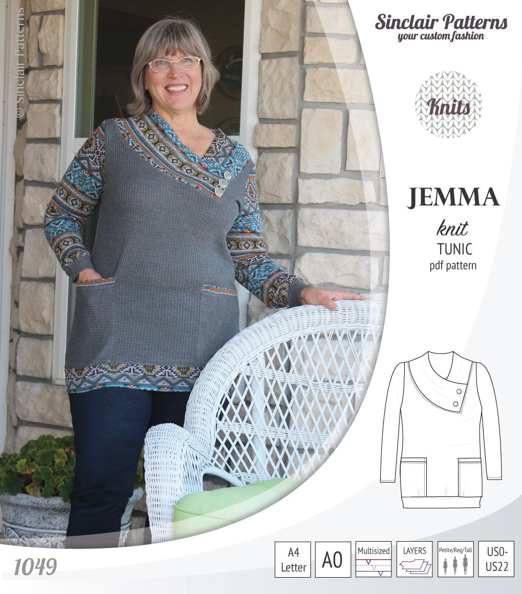 Pdf sewing pattern S1049 Jemma knit tunic with asymmetrical collar and pockets