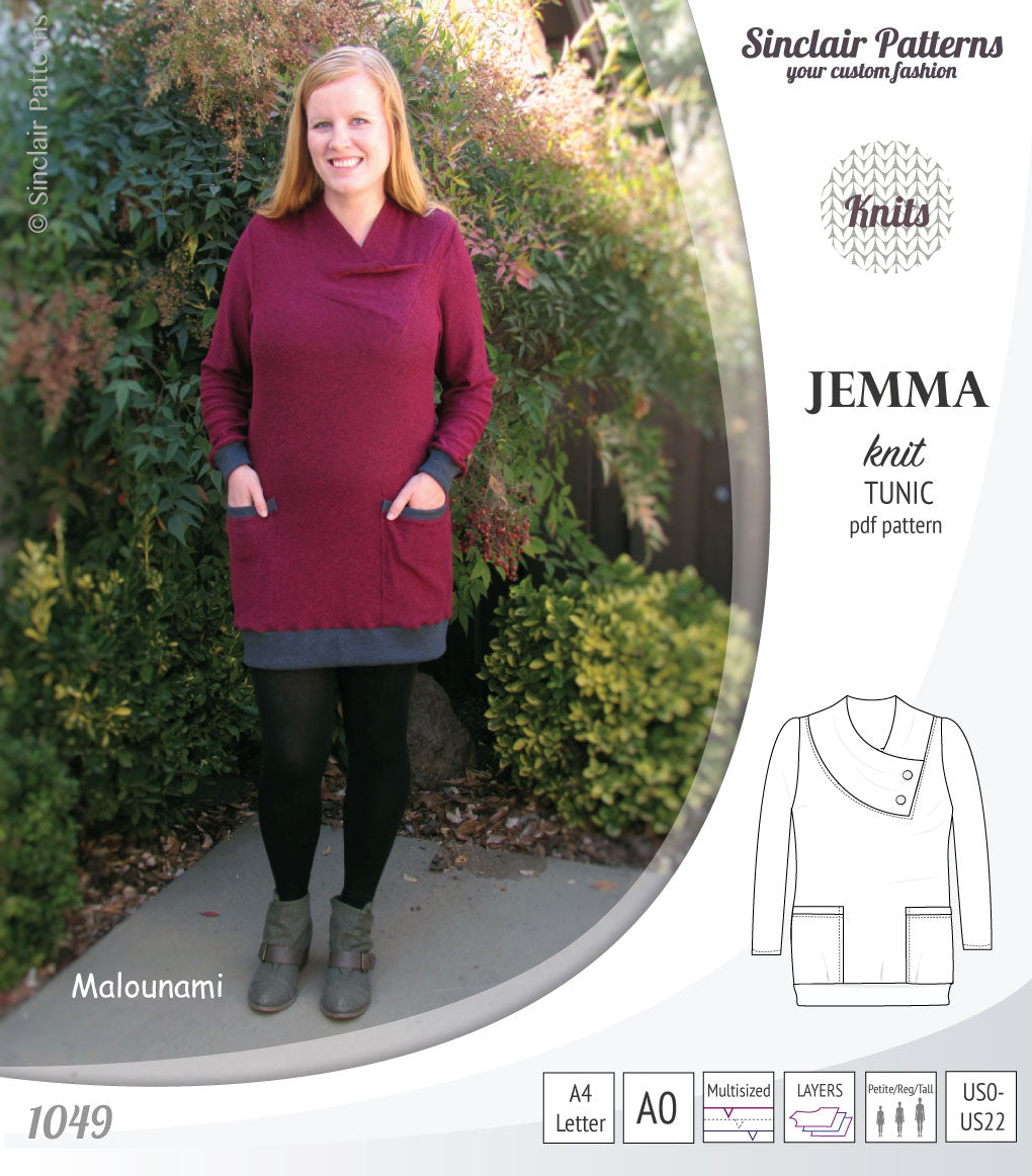 Pdf sewing pattern S1049 Jemma knit tunic with asymmetrical collar and pockets