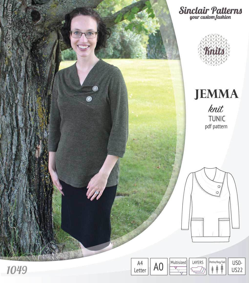 Pdf sewing pattern S1049 Jemma knit tunic with asymmetrical collar and pockets