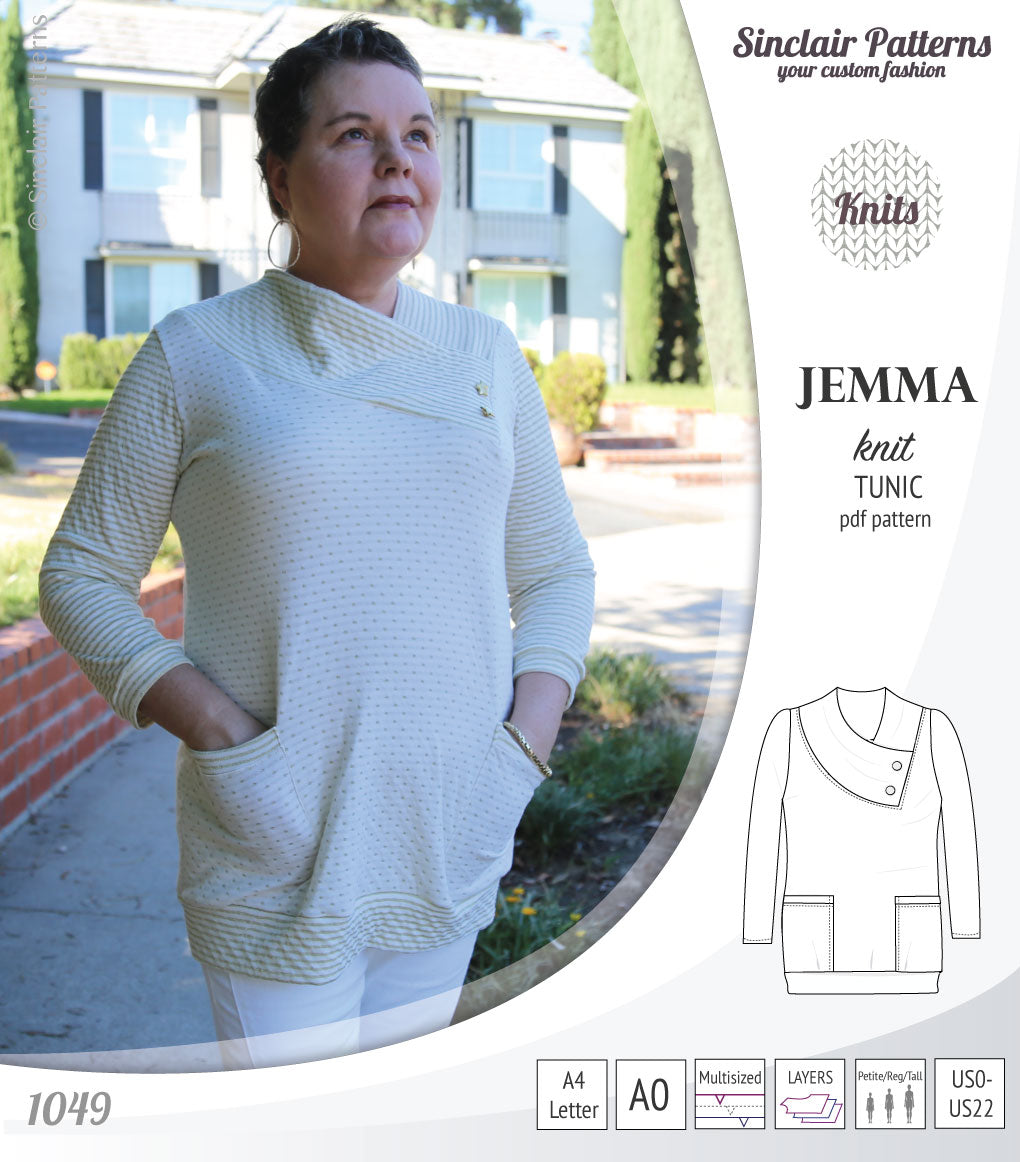 Pdf sewing pattern S1049 Jemma knit tunic with asymmetrical collar and pockets