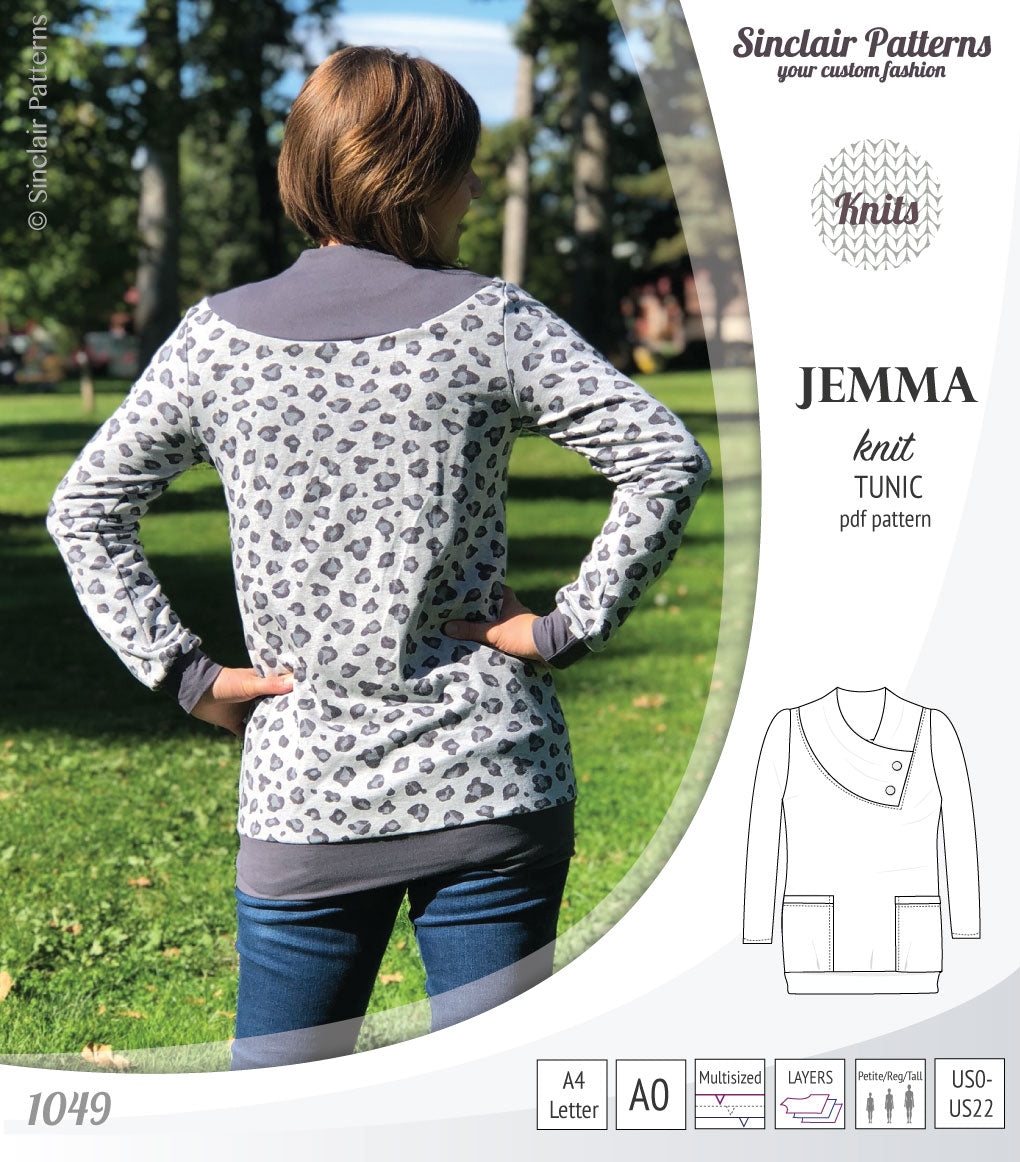 Pdf sewing pattern S1049 Jemma knit tunic with asymmetrical collar and pockets