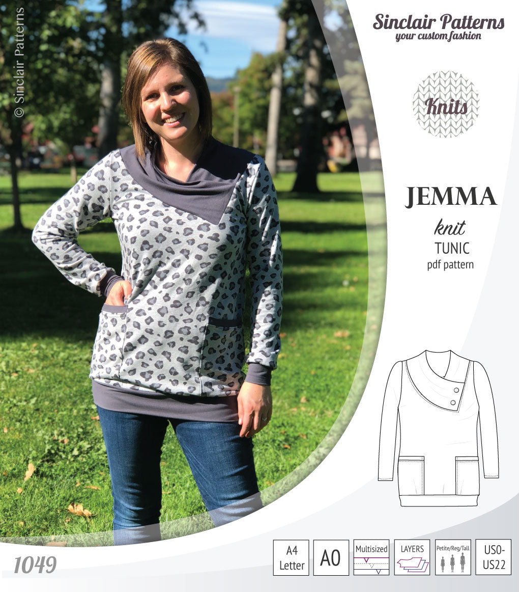 Pdf sewing pattern S1049 Jemma knit tunic with asymmetrical collar and pockets
