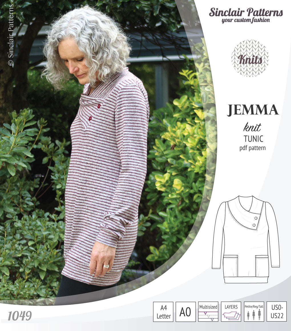 Pdf sewing pattern S1049 Jemma knit tunic with asymmetrical collar and pockets