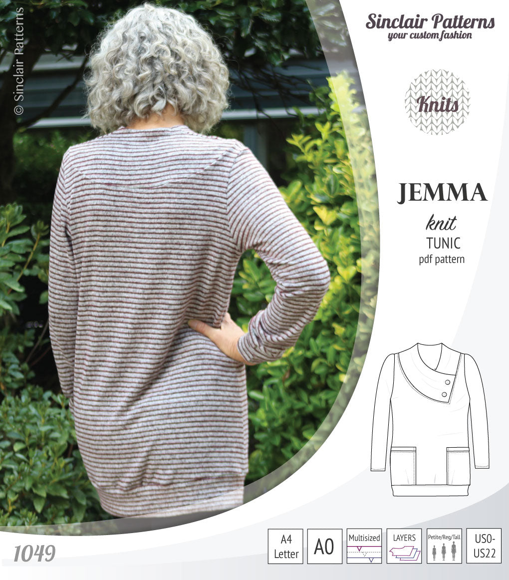 Pdf sewing pattern S1049 Jemma knit tunic with asymmetrical collar and pockets