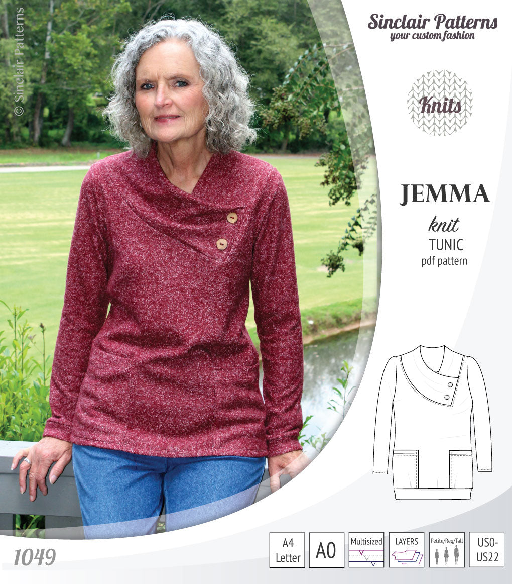 Pdf sewing pattern S1049 Jemma knit tunic with asymmetrical collar and pockets