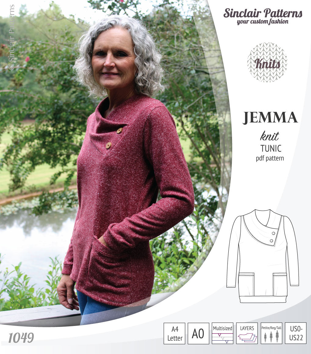 Pdf sewing pattern S1049 Jemma knit tunic with asymmetrical collar and pockets