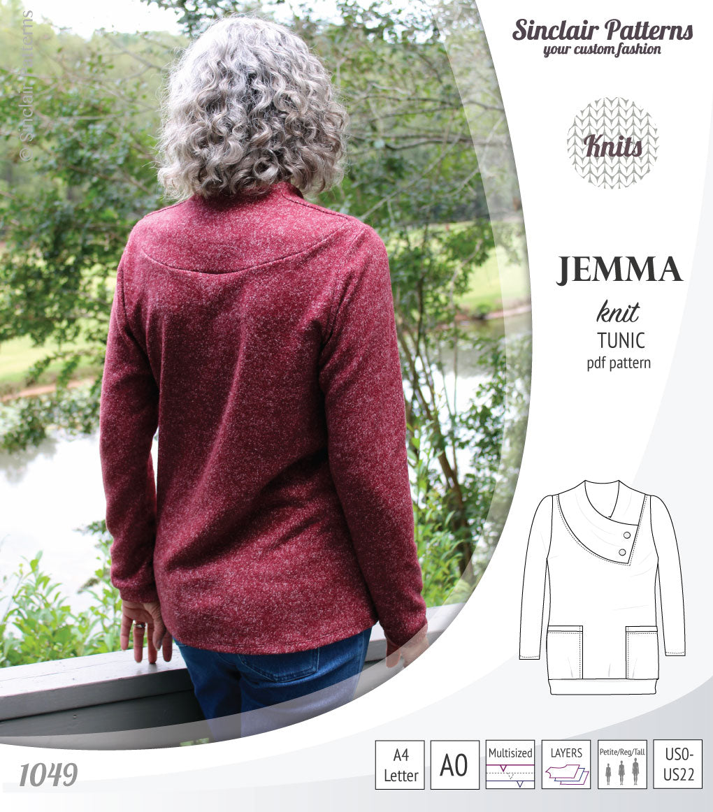 Pdf sewing pattern S1049 Jemma knit tunic with asymmetrical collar and pockets