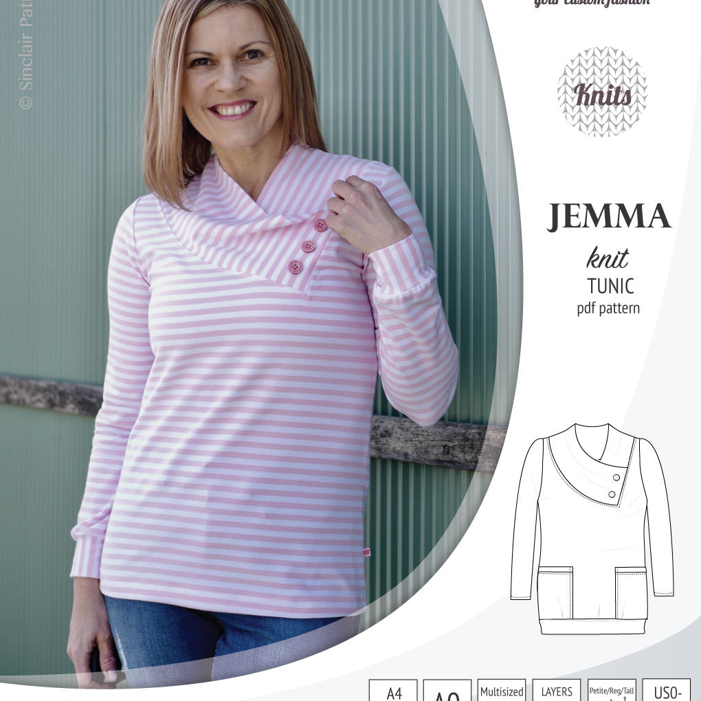 Pdf sewing pattern S1049 Jemma knit tunic with asymmetrical collar and pockets
