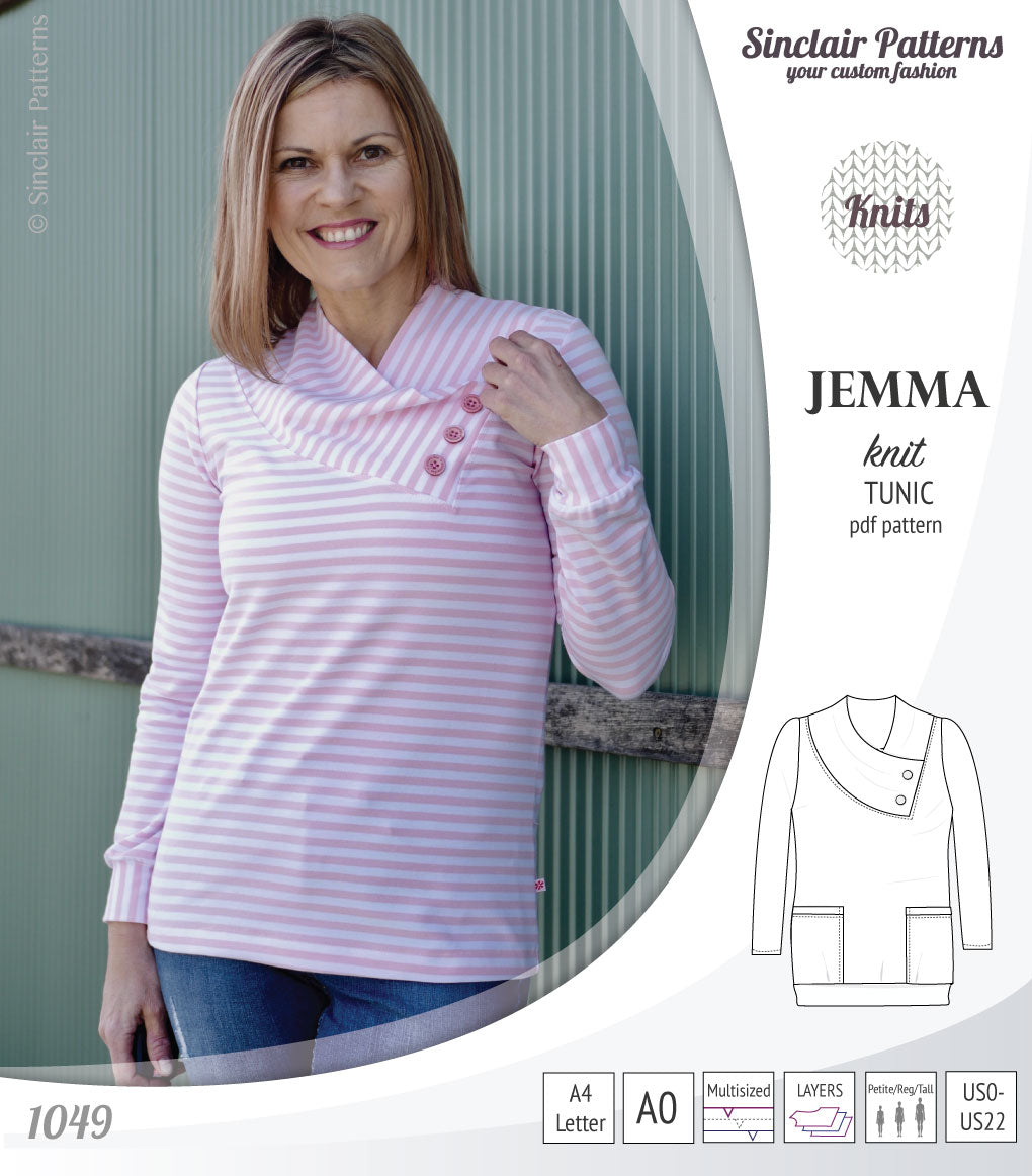 Pdf sewing pattern S1049 Jemma knit tunic with asymmetrical collar and pockets