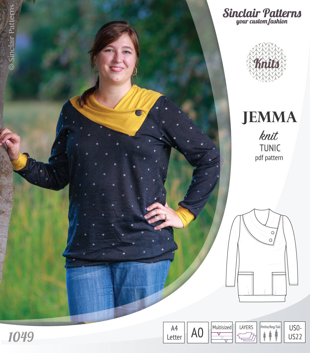 Pdf sewing pattern S1049 Jemma knit tunic with asymmetrical collar and pockets