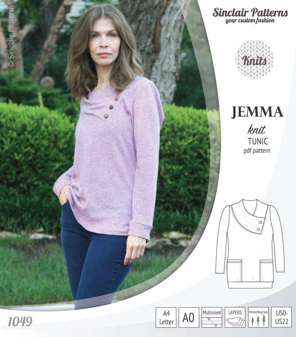 Pdf sewing pattern S1049 Jemma knit tunic with asymmetrical collar and pockets