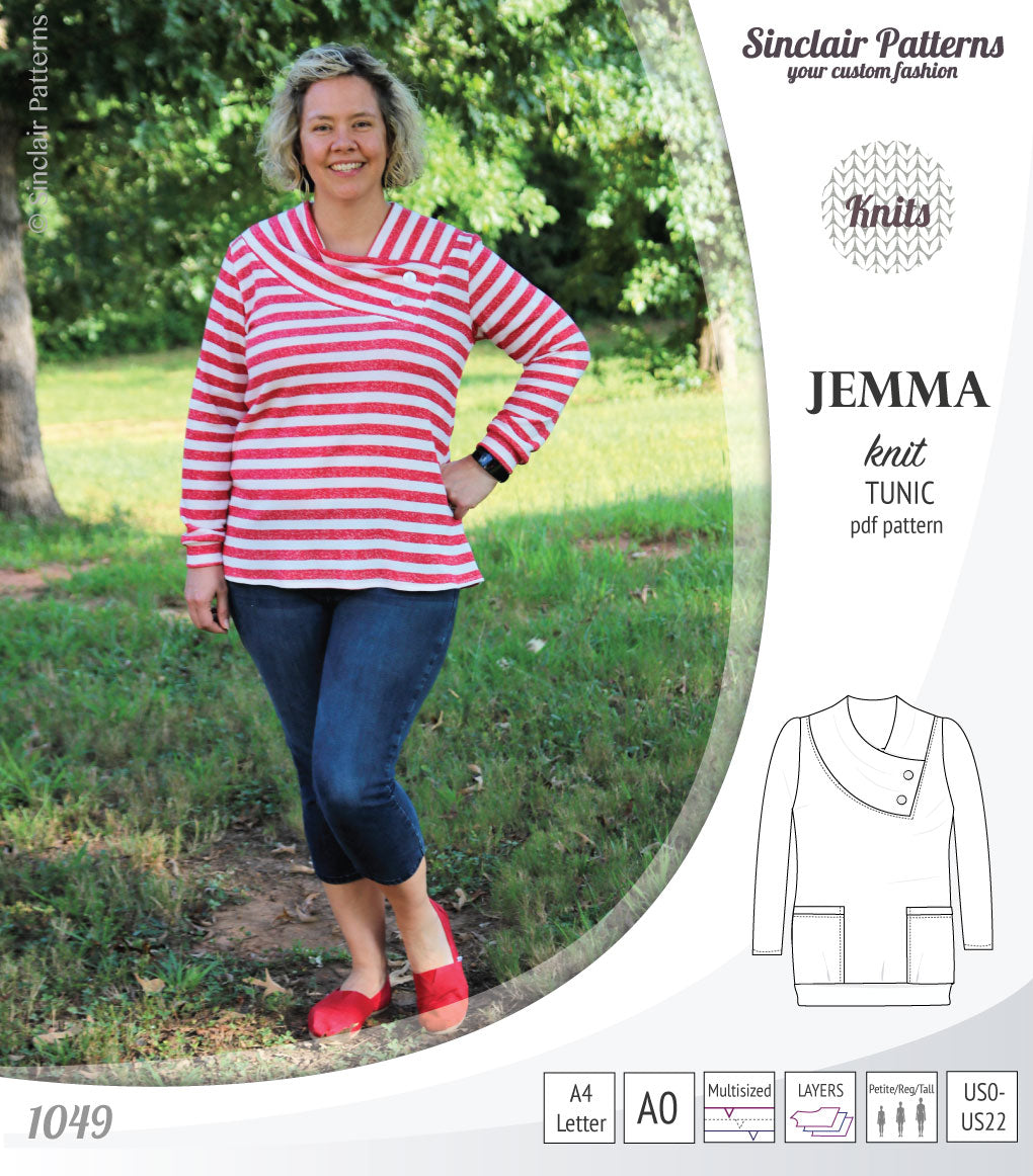 Pdf sewing pattern S1049 Jemma knit tunic with asymmetrical collar and pockets