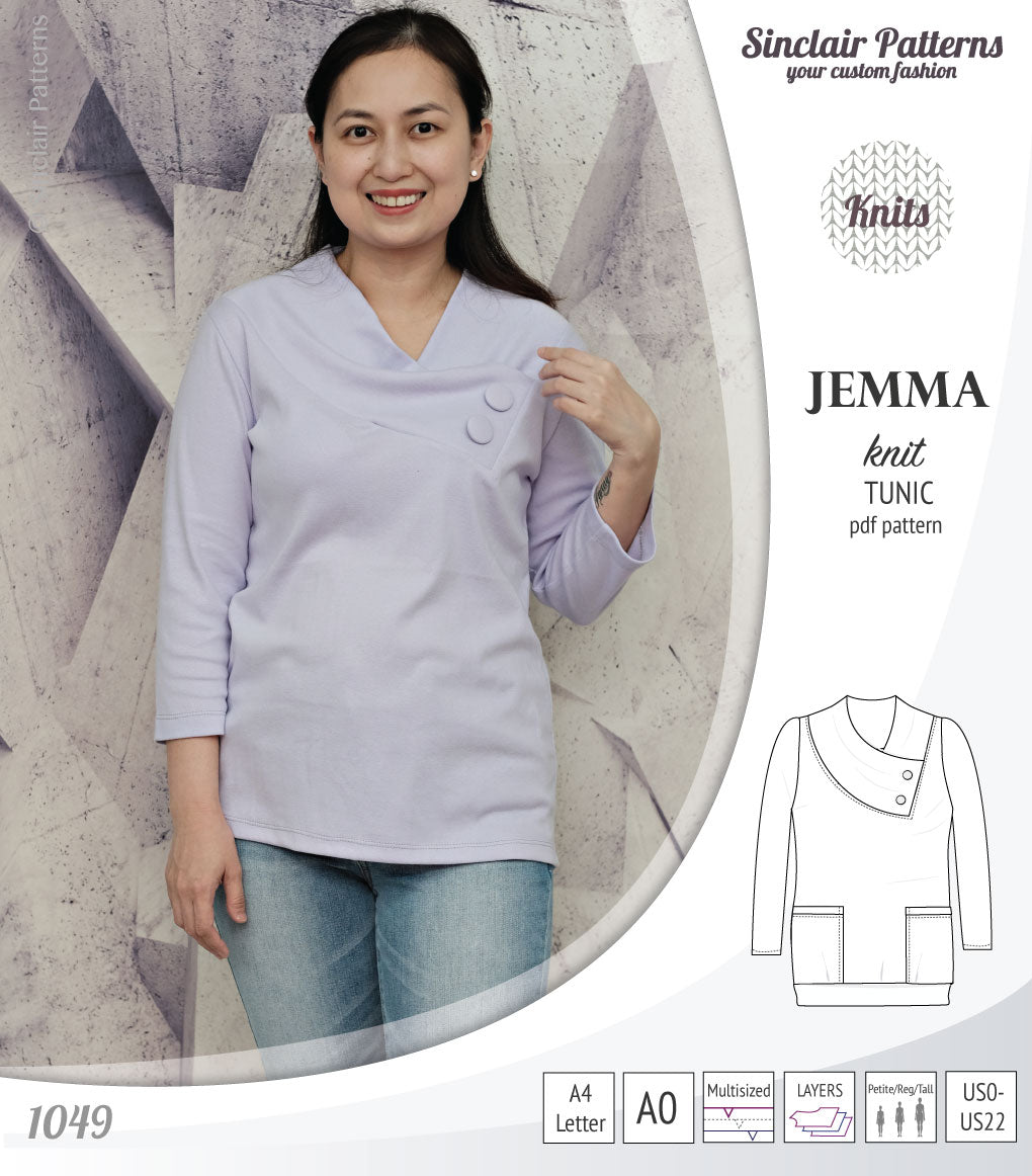 Pdf sewing pattern S1049 Jemma knit tunic with asymmetrical collar and pockets