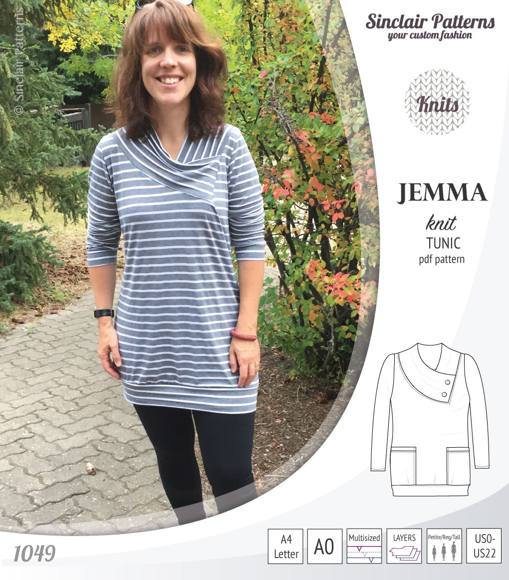 Pdf sewing pattern S1049 Jemma knit tunic with asymmetrical collar and pockets