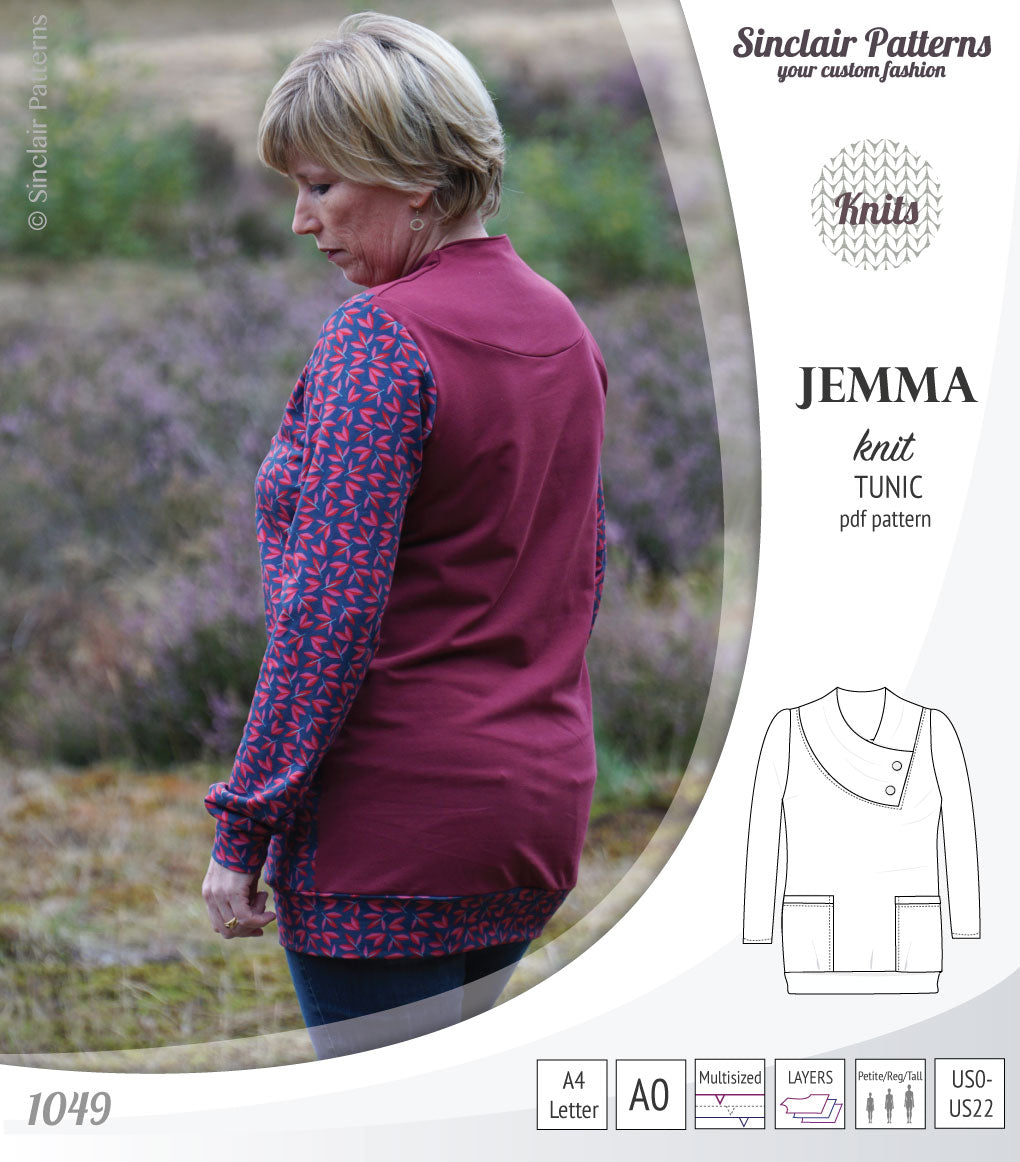 Pdf sewing pattern S1049 Jemma knit tunic with asymmetrical collar and pockets