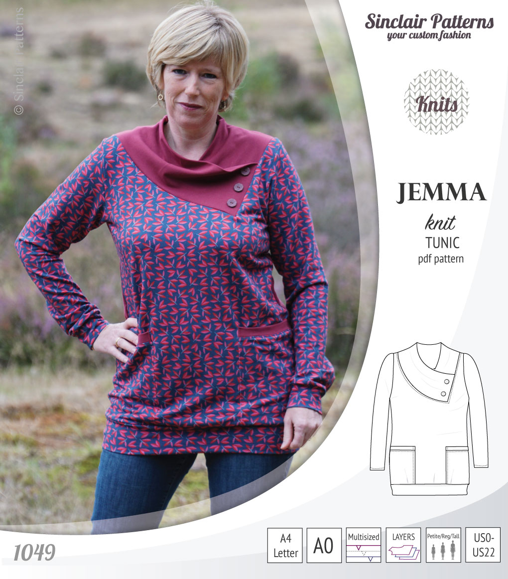 Pdf sewing pattern S1049 Jemma knit tunic with asymmetrical collar and pockets