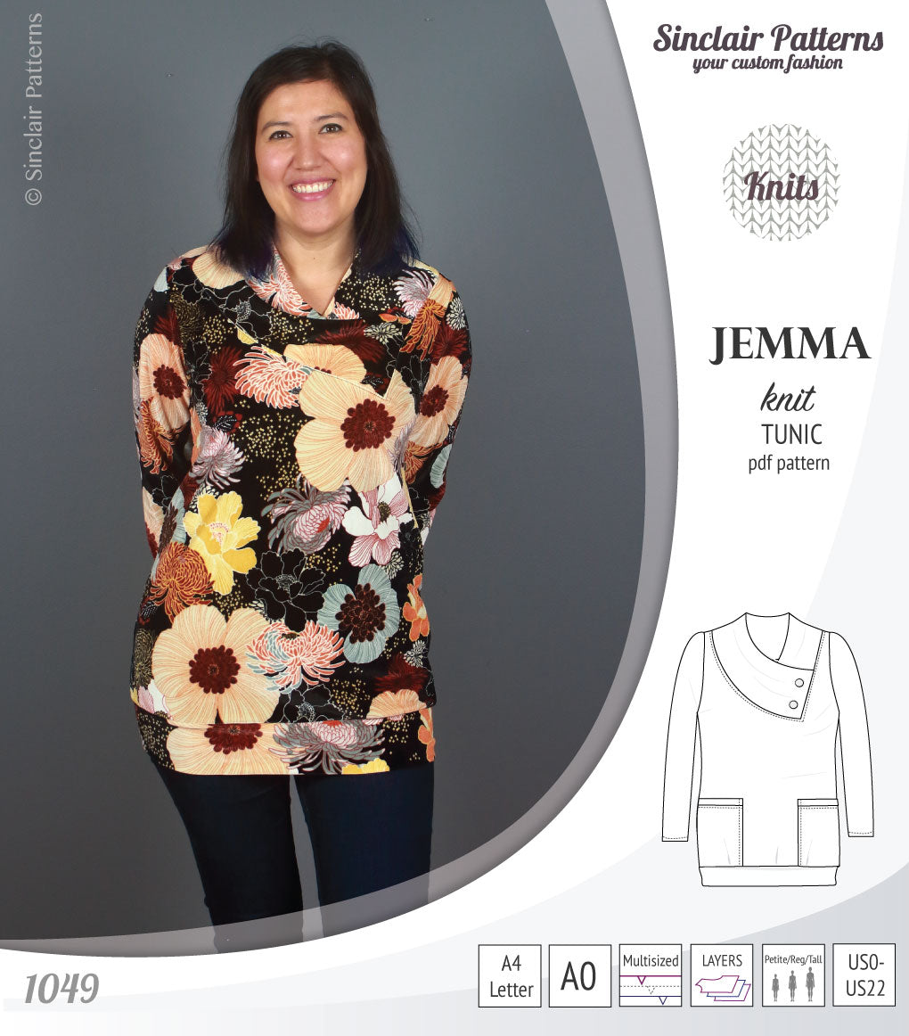 Pdf sewing pattern S1049 Jemma knit tunic with asymmetrical collar and pockets