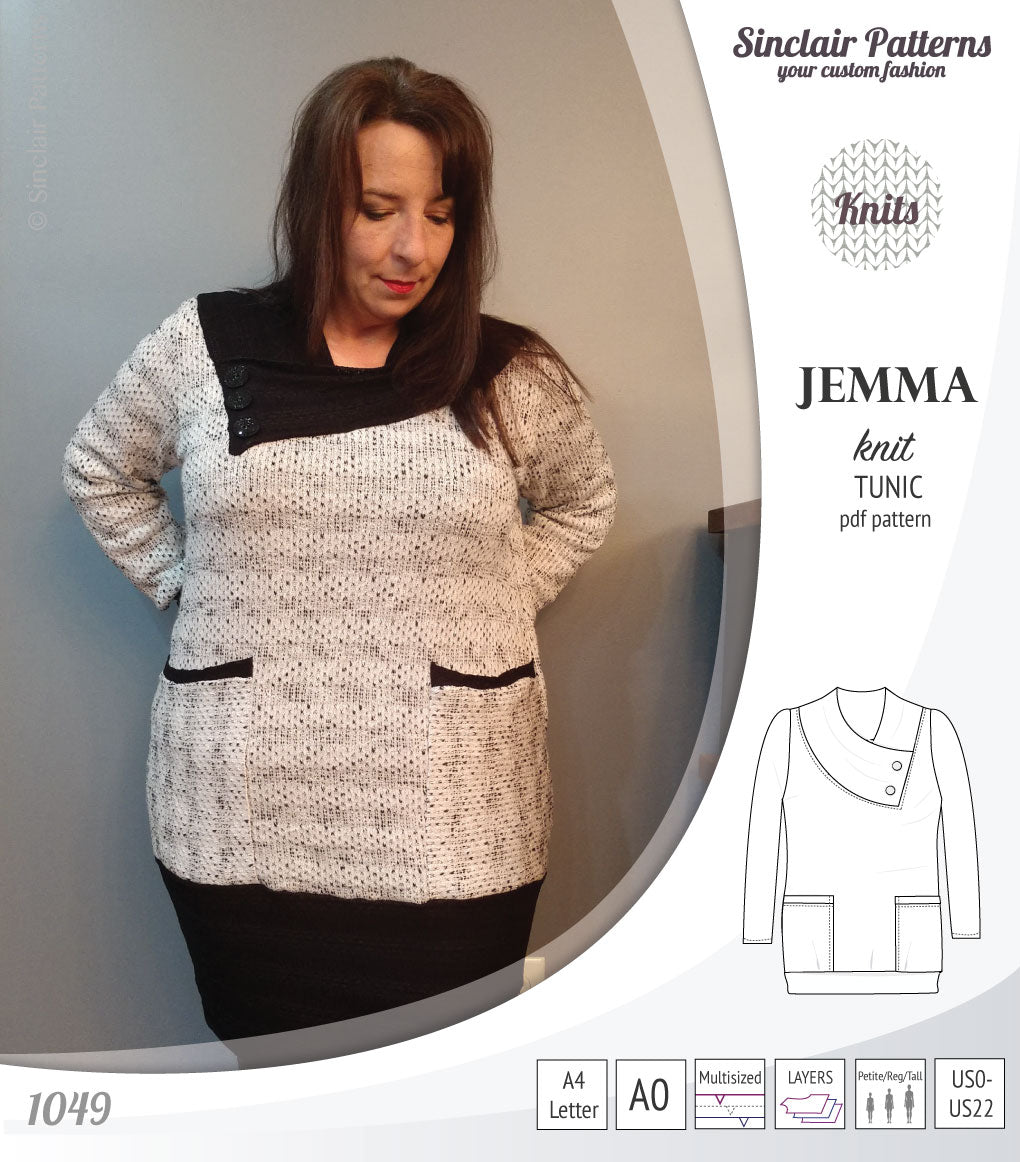 Pdf sewing pattern S1049 Jemma knit tunic with asymmetrical collar and pockets