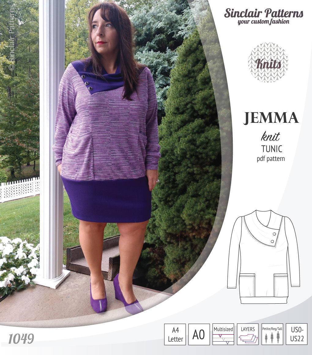 Pdf sewing pattern S1049 Jemma knit tunic with asymmetrical collar and pockets