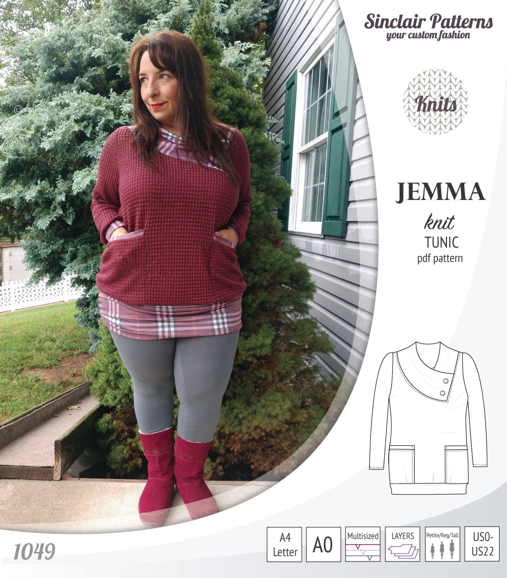 Pdf sewing pattern S1049 Jemma knit tunic with asymmetrical collar and pockets