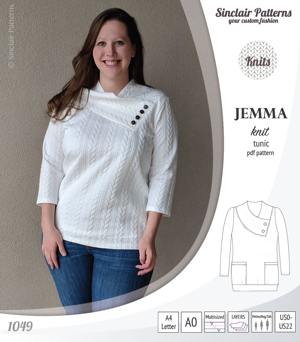 Pdf sewing pattern S1049 Jemma knit tunic with asymmetrical collar and pockets