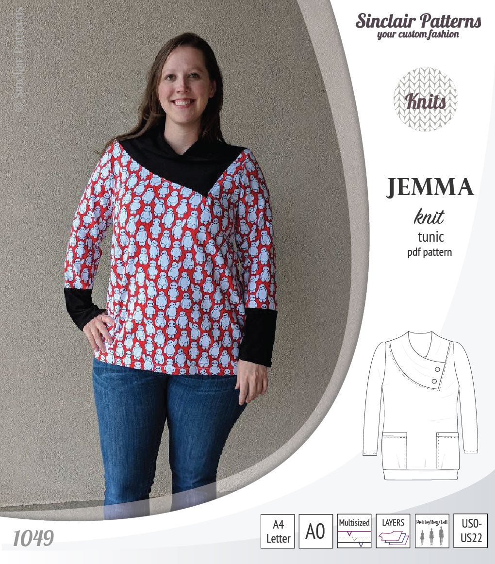 Pdf sewing pattern S1049 Jemma knit tunic with asymmetrical collar and pockets