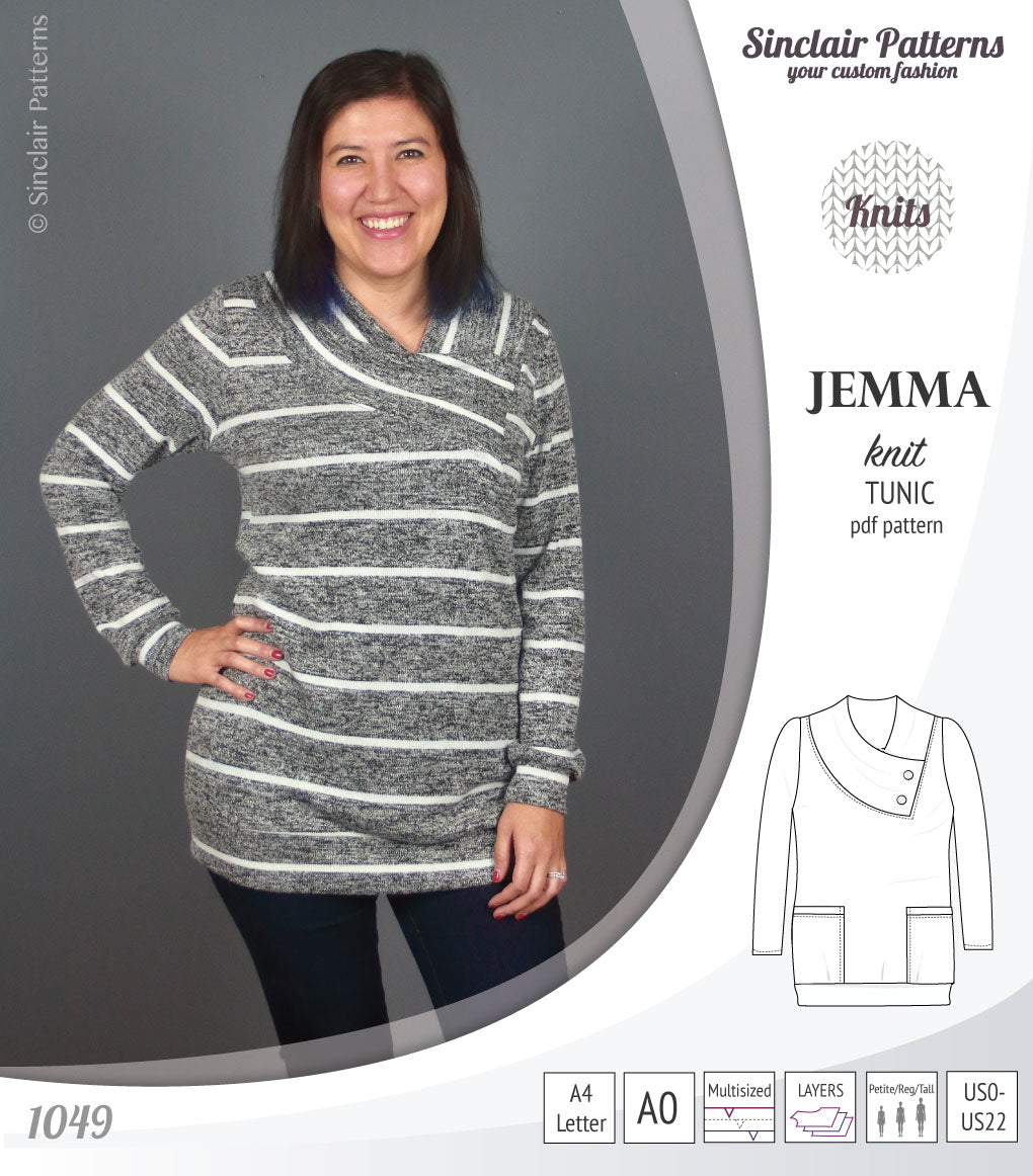 Pdf sewing pattern S1049 Jemma knit tunic with asymmetrical collar and pockets