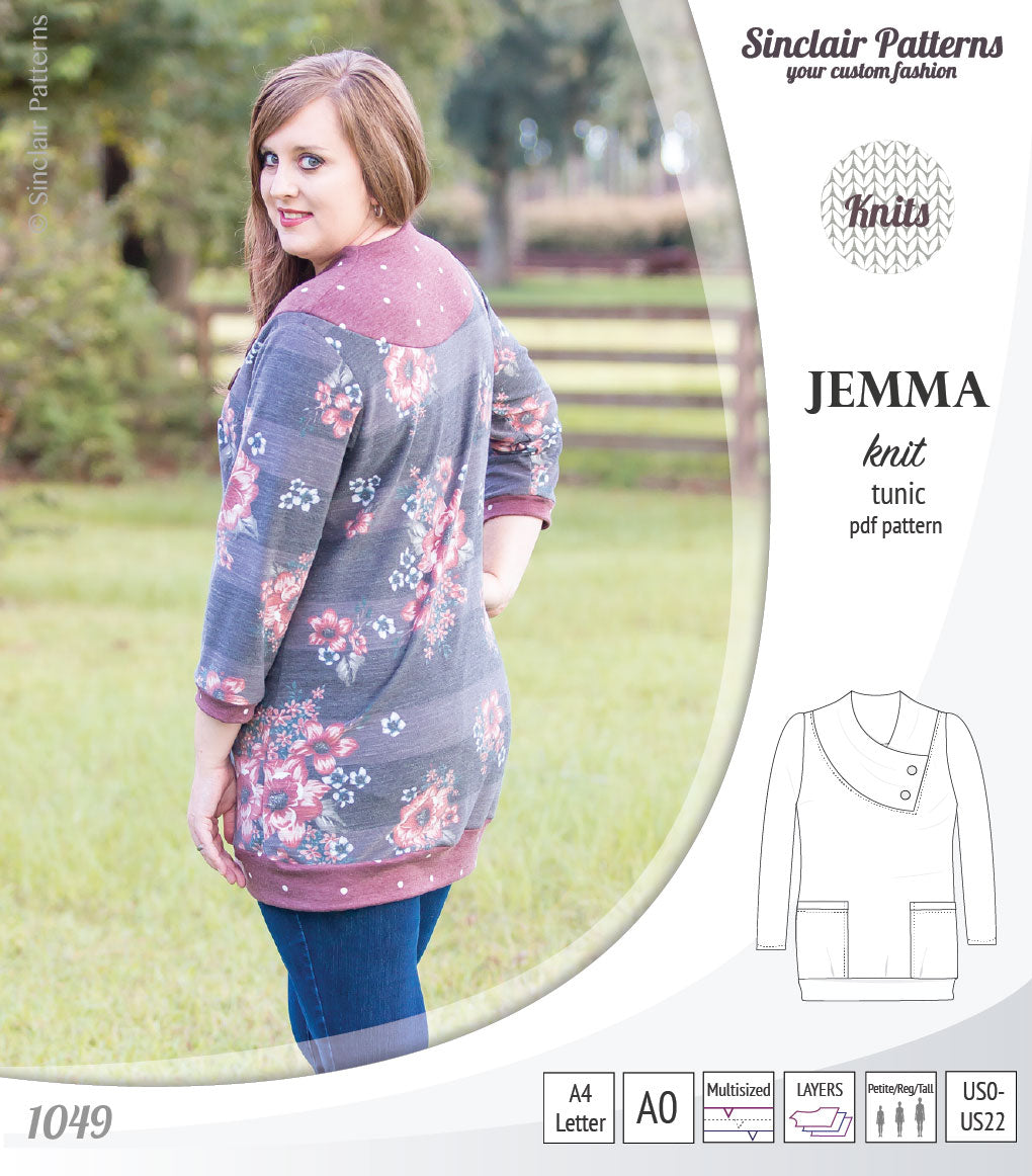 Pdf sewing pattern S1049 Jemma knit tunic with asymmetrical collar and pockets