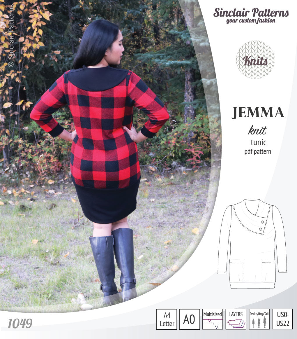 Pdf sewing pattern S1049 Jemma knit tunic with asymmetrical collar and pockets