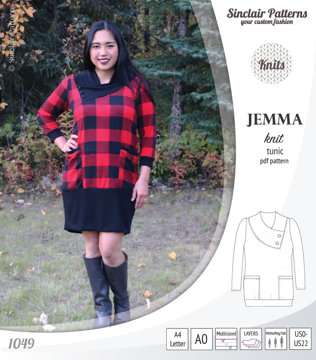 Pdf sewing pattern S1049 Jemma knit tunic with asymmetrical collar and pockets