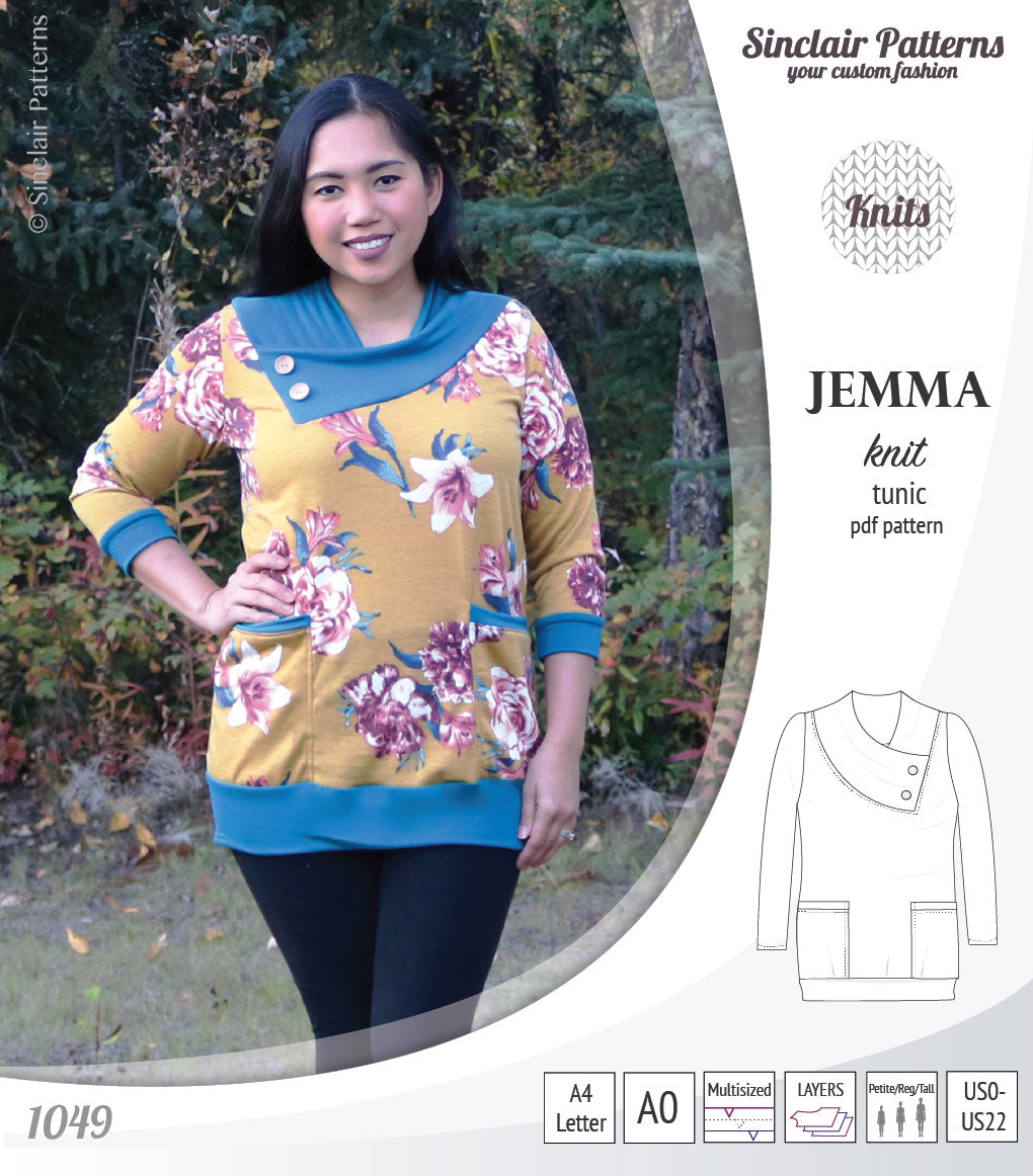 Pdf sewing pattern S1049 Jemma knit tunic with asymmetrical collar and pockets